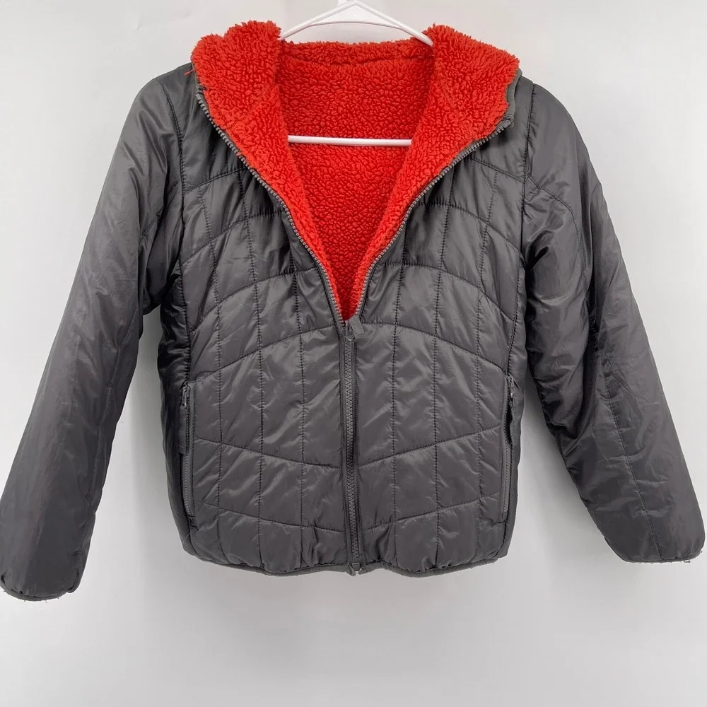 Eddie Bauer Reversible Fleece‎ Puffer Jacket Hooded Orange Gray Kids S